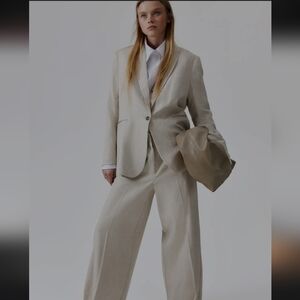 H&M Linen Blend Fitted Single Breasted Lined Blazer Sz. M Light Beige